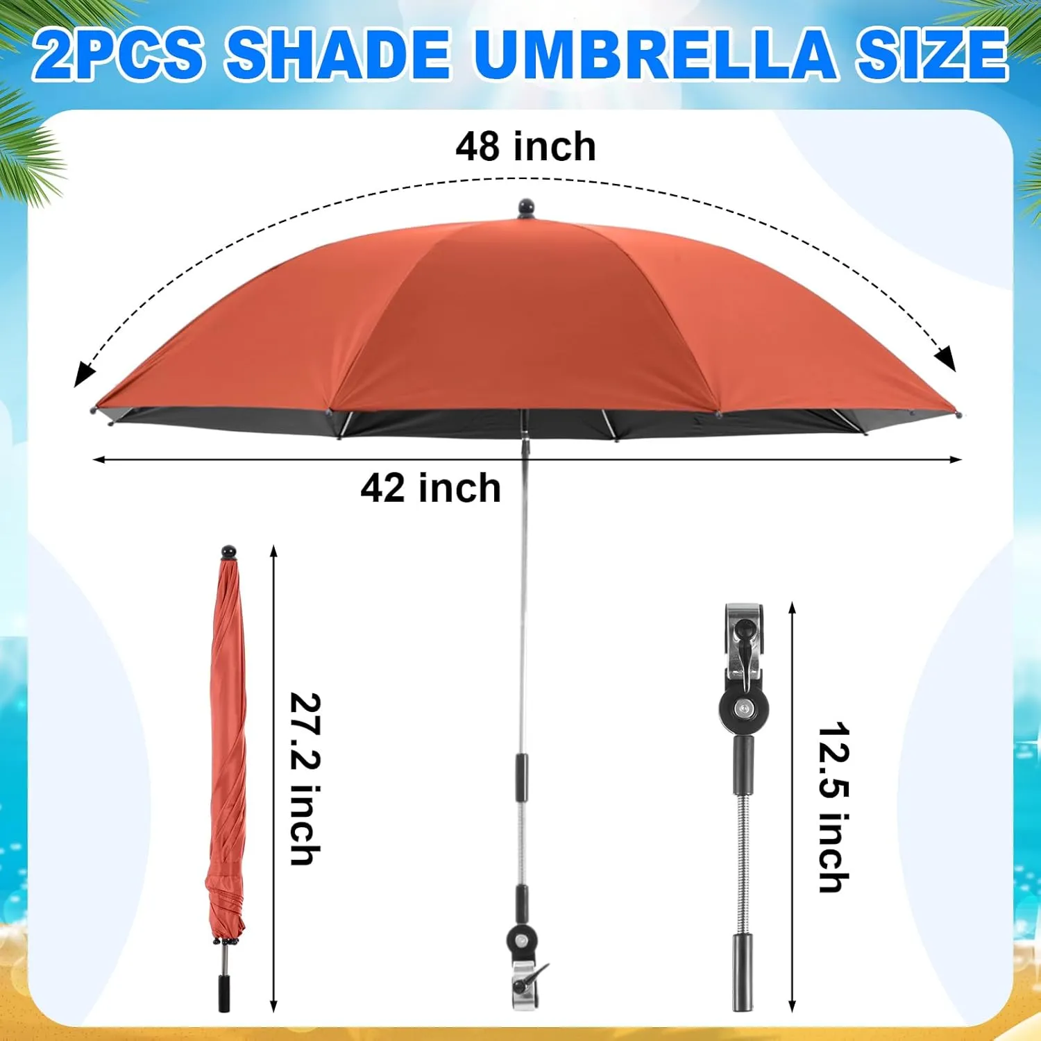 2 Set Reclining Camping Chair with Umbrella for Adult Folding Camping Chair with Foot Rest Adjustable Clamp Canopy Shade, SPF 50 , Lounger for Outdoor Spring Summer Travel(Orange,Oxford)