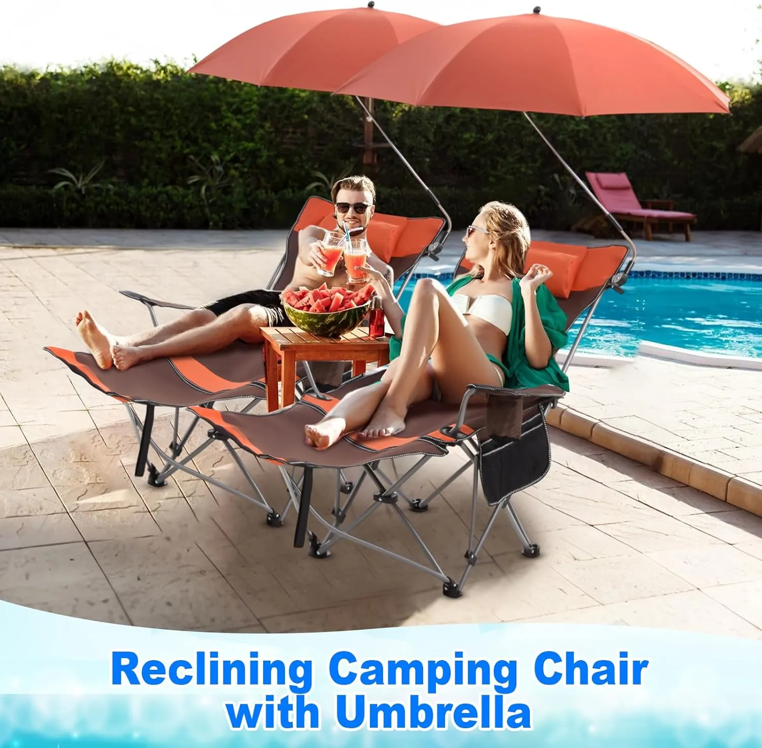 2 Set Reclining Camping Chair with Umbrella for Adult Folding Camping Chair with Foot Rest Adjustable Clamp Canopy Shade, SPF 50 , Lounger for Outdoor Spring Summer Travel(Orange,Oxford)