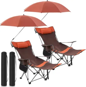 2 Set Reclining Camping Chair with Umbrella for Adult Folding Camping Chair with Foot Rest Adjustable Clamp Canopy Shade, SPF 50 , Lounger for Outdoor Spring Summer Travel(Orange,Oxford)