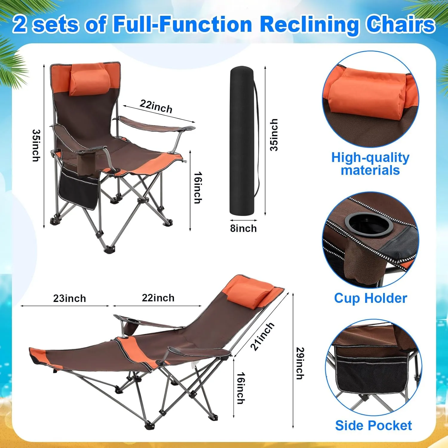 2 Set Reclining Camping Chair with Umbrella for Adult Folding Camping Chair with Foot Rest Adjustable Clamp Canopy Shade, SPF 50 , Lounger for Outdoor Spring Summer Travel(Orange,Oxford)