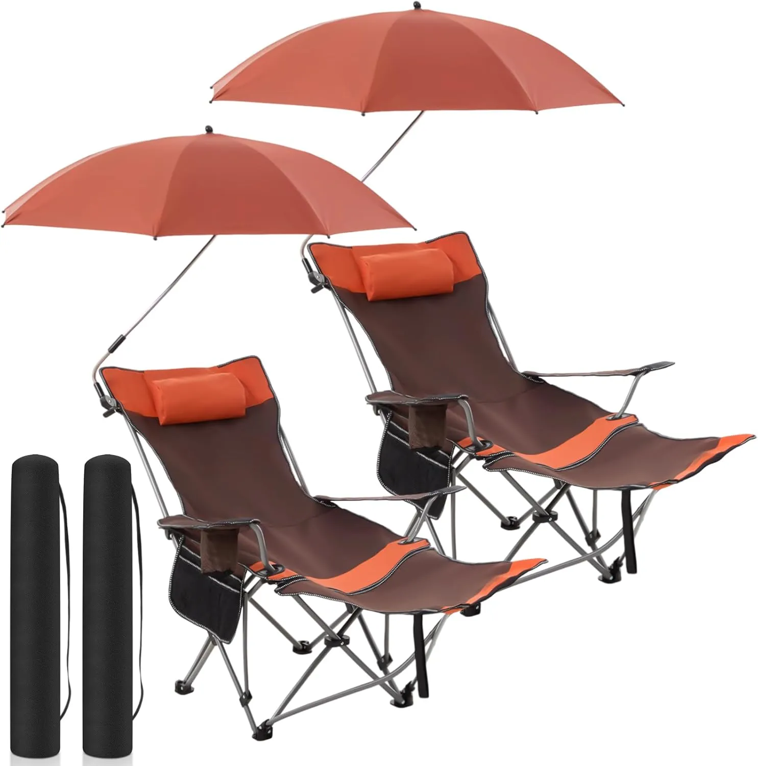 2 Set Reclining Camping Chair with Umbrella for Adult Folding Camping Chair with Foot Rest Adjustable Clamp Canopy Shade, SPF 50 , Lounger for Outdoor Spring Summer Travel(Orange,Oxford)