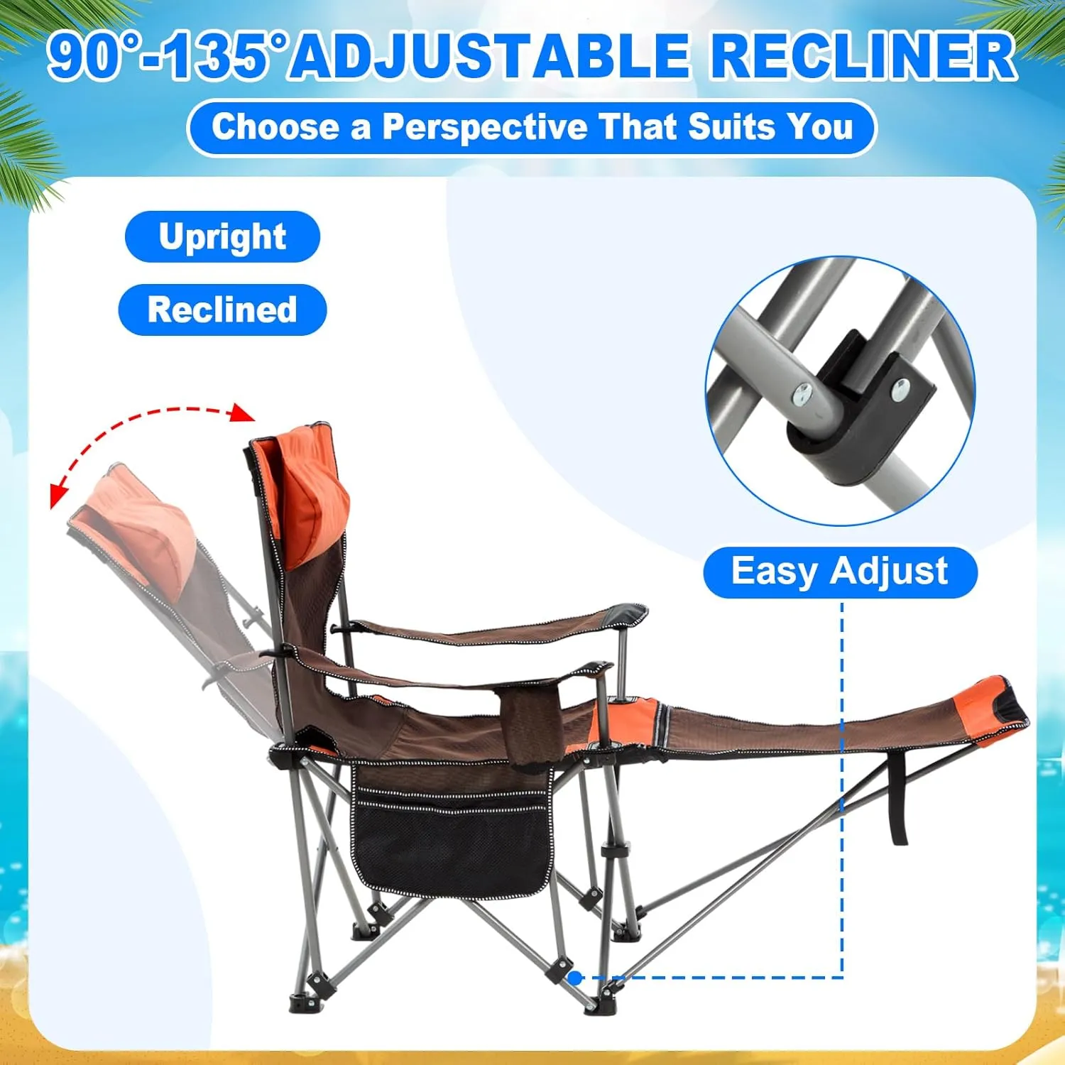 2 Set Reclining Camping Chair with Umbrella for Adult Folding Camping Chair with Foot Rest Adjustable Clamp Canopy Shade, SPF 50 , Lounger for Outdoor Spring Summer Travel(Orange,Oxford)