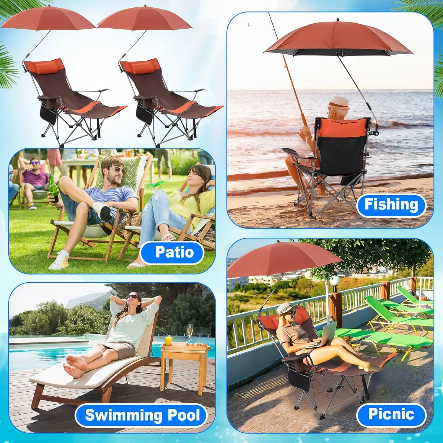 2 Set Reclining Camping Chair with Umbrella for Adult Folding Camping Chair with Foot Rest Adjustable Clamp Canopy Shade, SPF 50 , Lounger for Outdoor Spring Summer Travel(Orange,Oxford)
