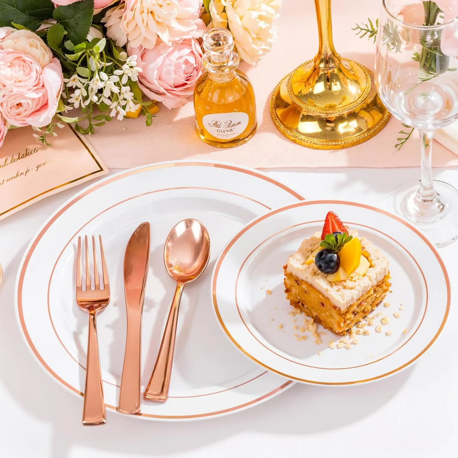 200 Pcs Rose Gold Plastic Plates, Disposable Party Plates Include 100 Gold Dinner Plate 10’’ and 100 Disposable Dessert Plate 7’’ Perfect for Party, Wedding & Birthday