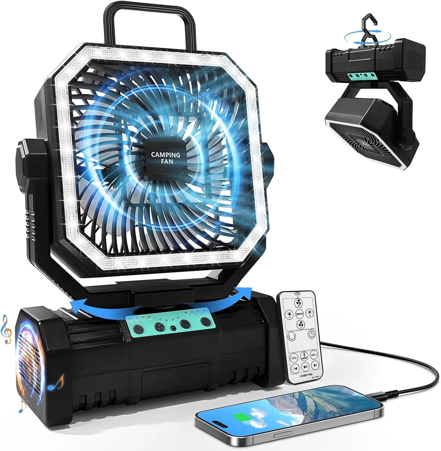 20000mAh Portable Camping Fan, Rechargeable Battery Operated Oscillating Camp Tent Fan With Bluetooth Speaker, Remote Control, 4 Speeds, LED lights & 360° Rotation Hook for Outdoor RV Travel
