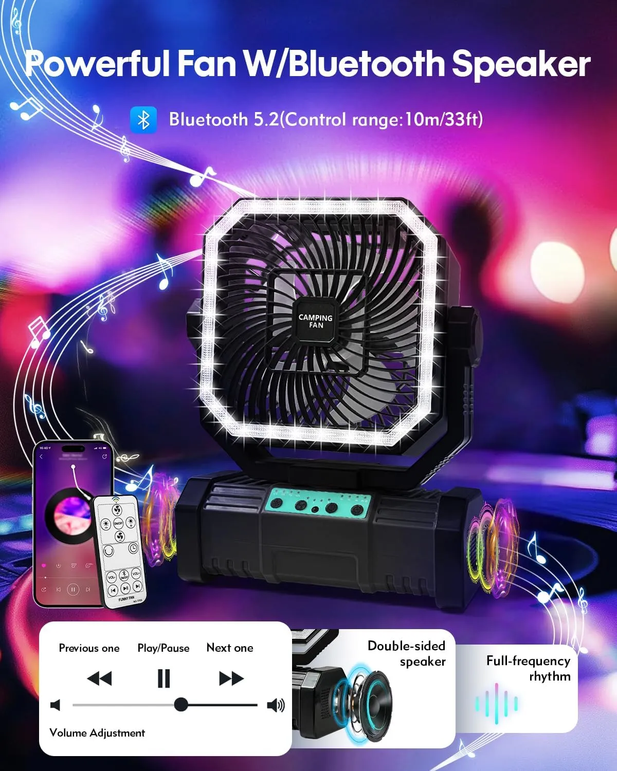 20000mAh Portable Camping Fan, Rechargeable Battery Operated Oscillating Camp Tent Fan With Bluetooth Speaker, Remote Control, 4 Speeds, LED lights & 360° Rotation Hook for Outdoor RV Travel