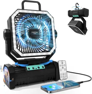 20000mAh Portable Camping Fan, Rechargeable Battery Operated Oscillating Camp Tent Fan With Bluetooth Speaker, Remote Control, 4 Speeds, LED lights & 360° Rotation Hook for Outdoor RV Travel