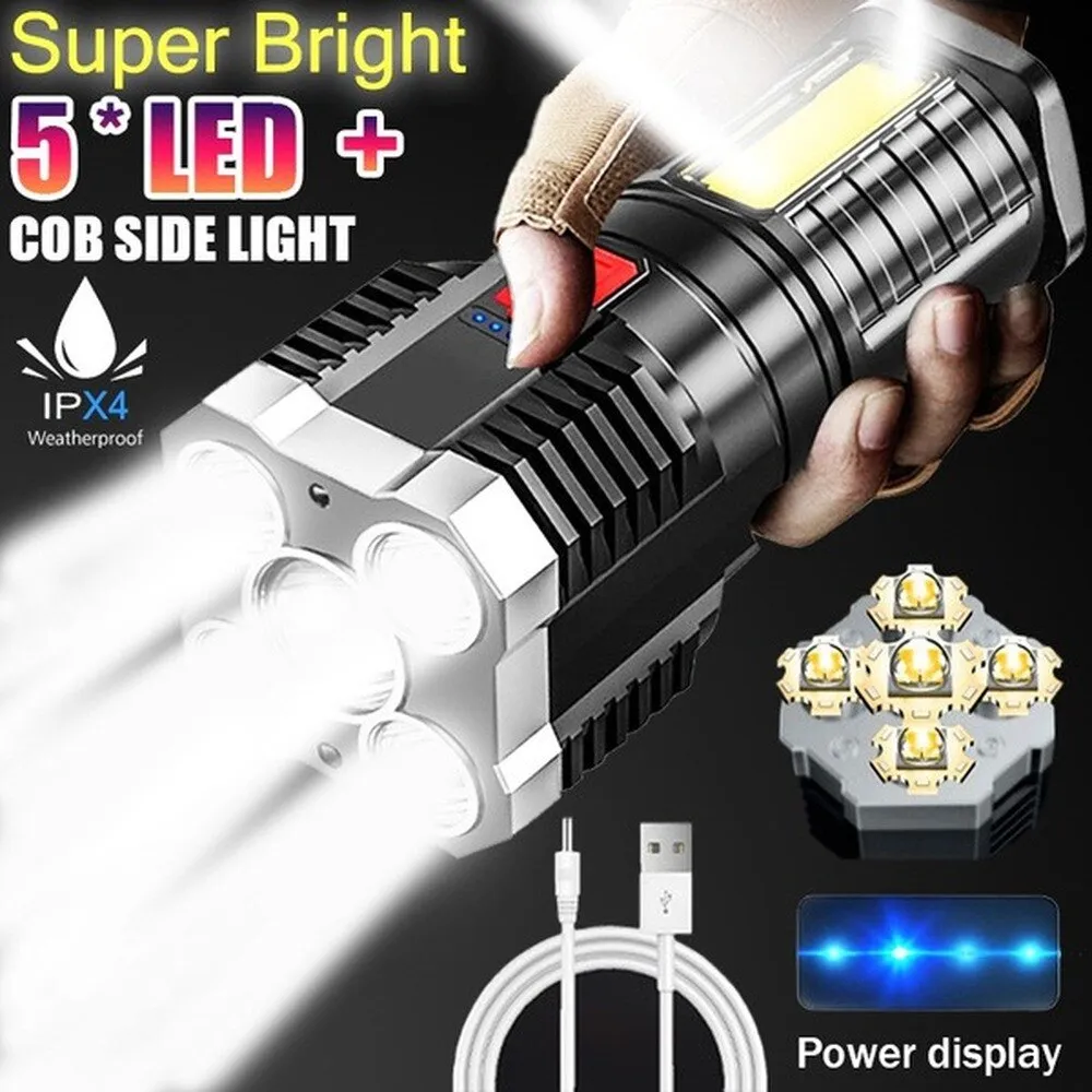 200W Five Nuclear Anti-explosion Powerful Flashlight Nitecore Lantern High Power Led Torch Rechargeable Lamp with COB Side Light