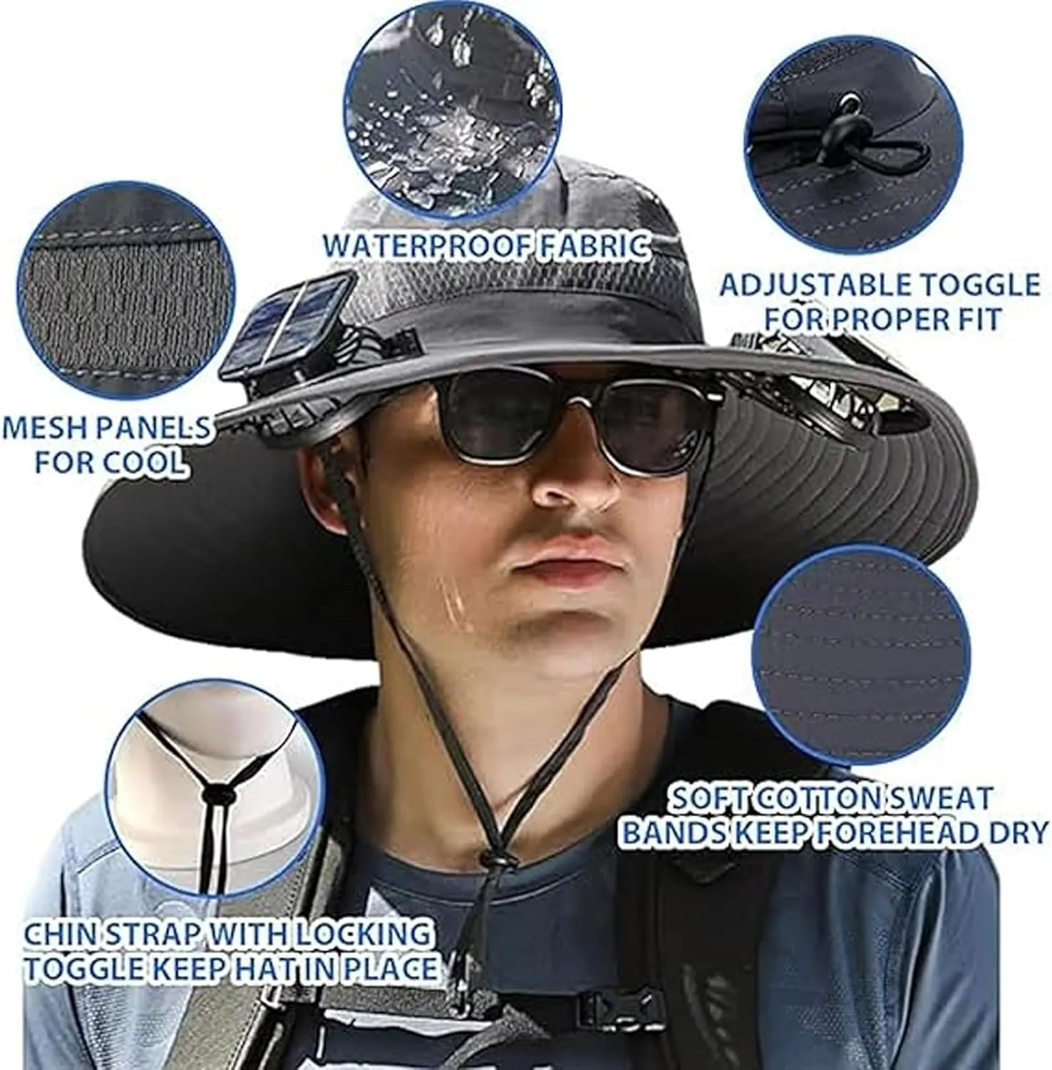 2025 New Solar Powered Fan hat, Wide Brim Solar Fan Hat USB Charging, for Men Fishing Camping UPF 50 