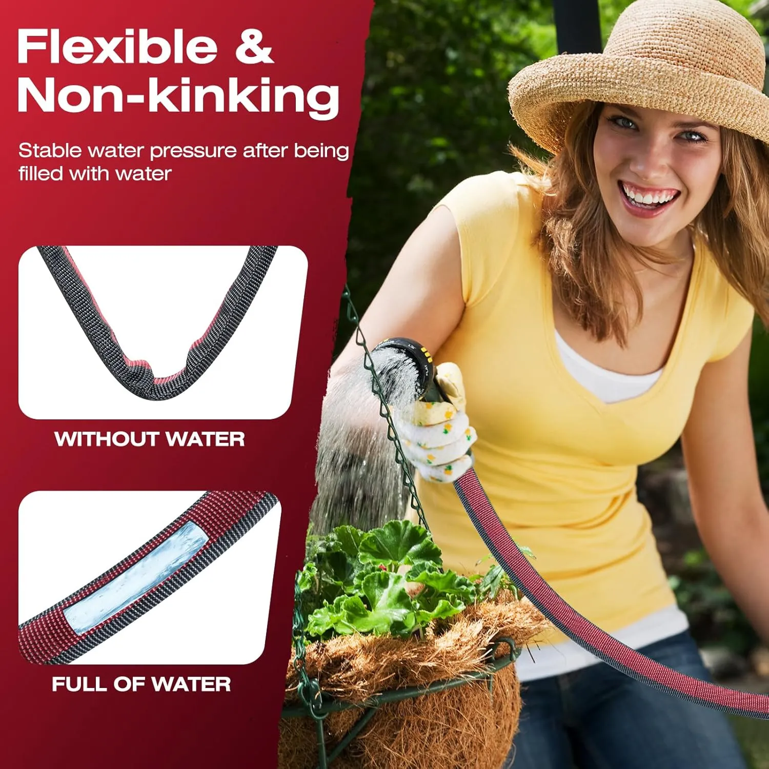 2025 Upgraded Non-Expanding Garden Hose - 50FT Lightweight Flexible, High-Pressure Anti-Kink/Burst-Resistant Lead-Free Outdoor Water Hose (Gray/Red)