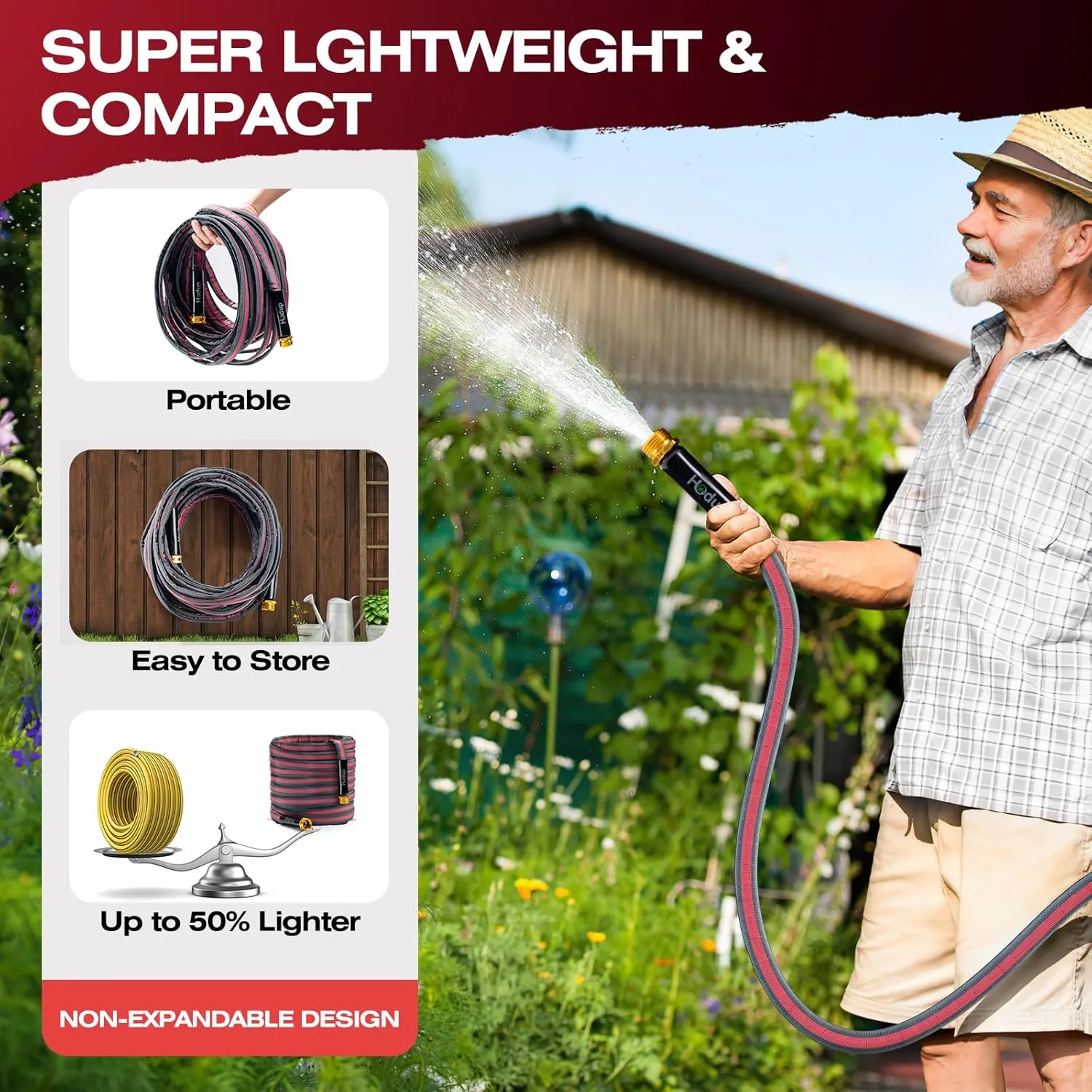 2025 Upgraded Non-Expanding Garden Hose - 50FT Lightweight Flexible, High-Pressure Anti-Kink/Burst-Resistant Lead-Free Outdoor Water Hose (Gray/Red)