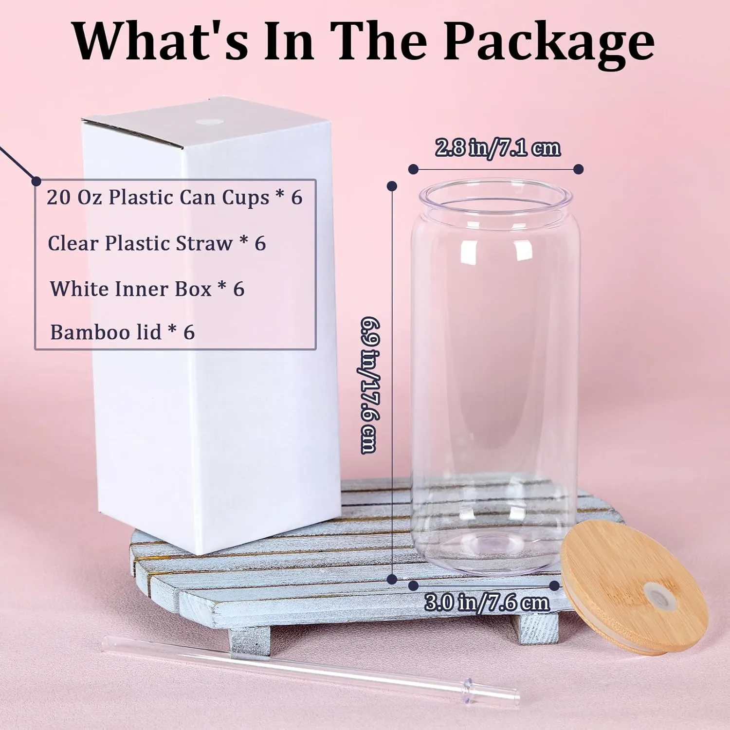 20oz Plastic Beer Can Tumbler, Acrylic Can Cup with Bamboo Lids, Straw, Clear Mason Drinking Jars Cups for Milk Juice Beer Coffee Tea Beverage