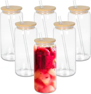 20oz Plastic Beer Can Tumbler, Acrylic Can Cup with Bamboo Lids, Straw, Clear Mason Drinking Jars Cups for Milk Juice Beer Coffee Tea Beverage