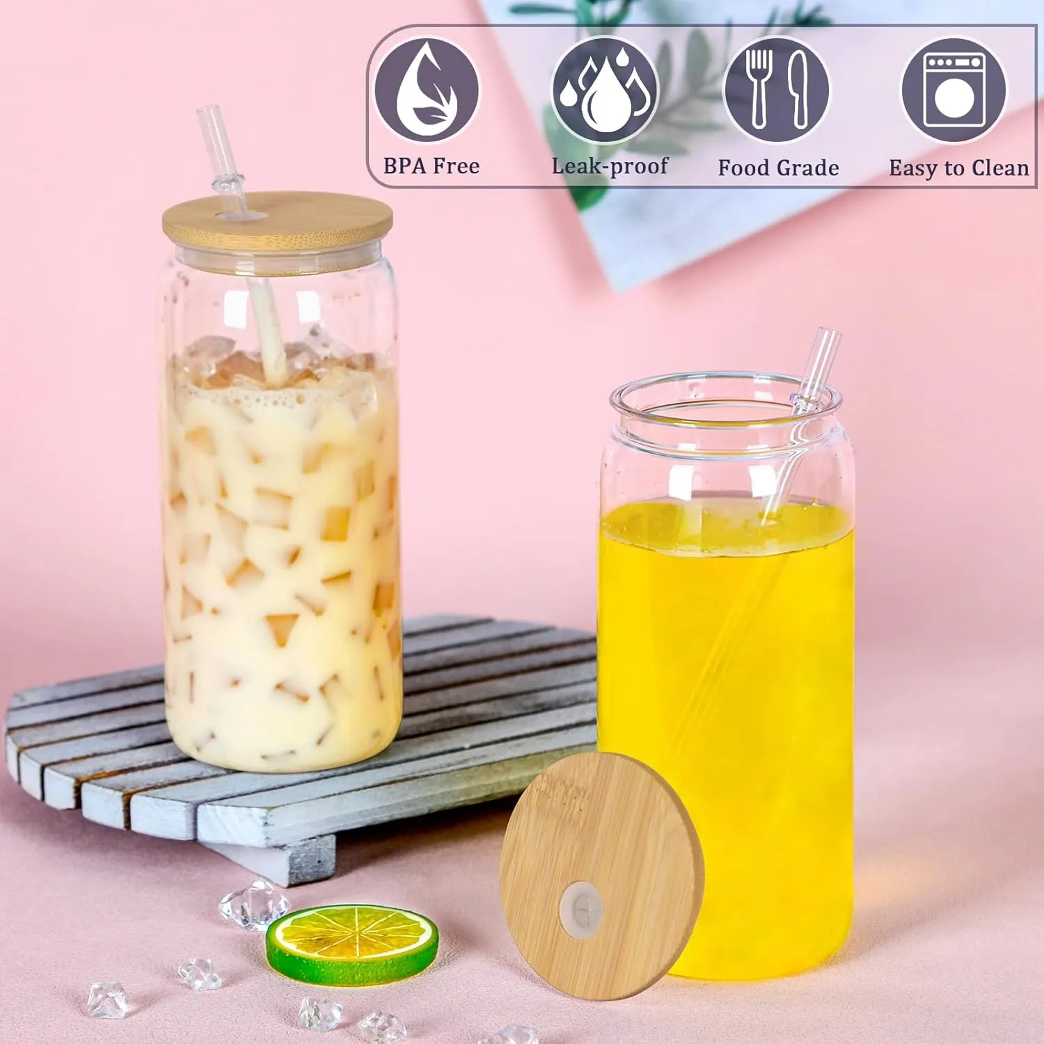 20oz Plastic Beer Can Tumbler, Acrylic Can Cup with Bamboo Lids, Straw, Clear Mason Drinking Jars Cups for Milk Juice Beer Coffee Tea Beverage