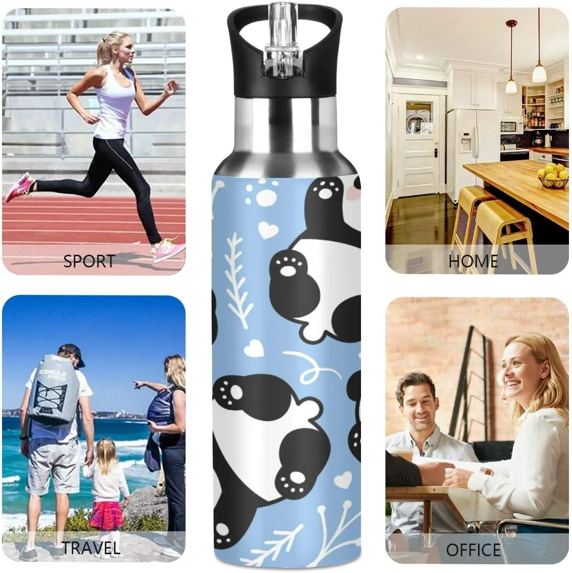 22 OZ Cute Cartoon Panda Water Bottle with Straw - BPA Free Leakproof Stainless Steel Water Bottle for Women Men Water Jug for Fitness Gym Outdoor Sport