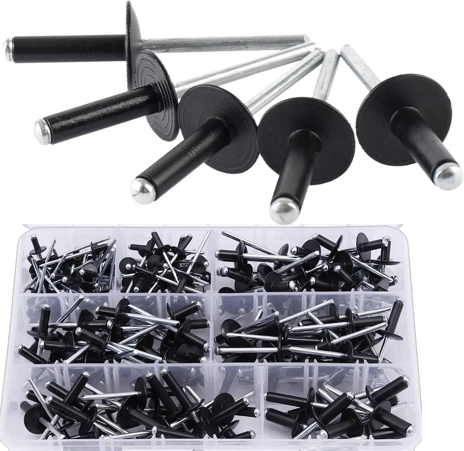 220PCS Large Flange Aluminum Blind Rivets，Black Rivets Pop Rivets Assortment Kit, 7 Sizes Aluminum Rivets (1/8" 5/32"3/16") Assorted Blind Rivets with Case