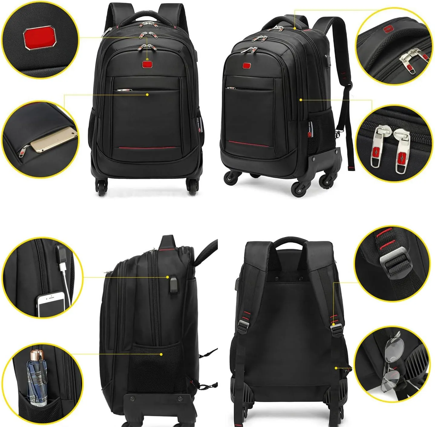 22in Rolling Backpack with 360 Detachable Wheels for Men Women Airline Approved Carry on Large Size Laptop Travel Business Luggage Bag (Black,18in)