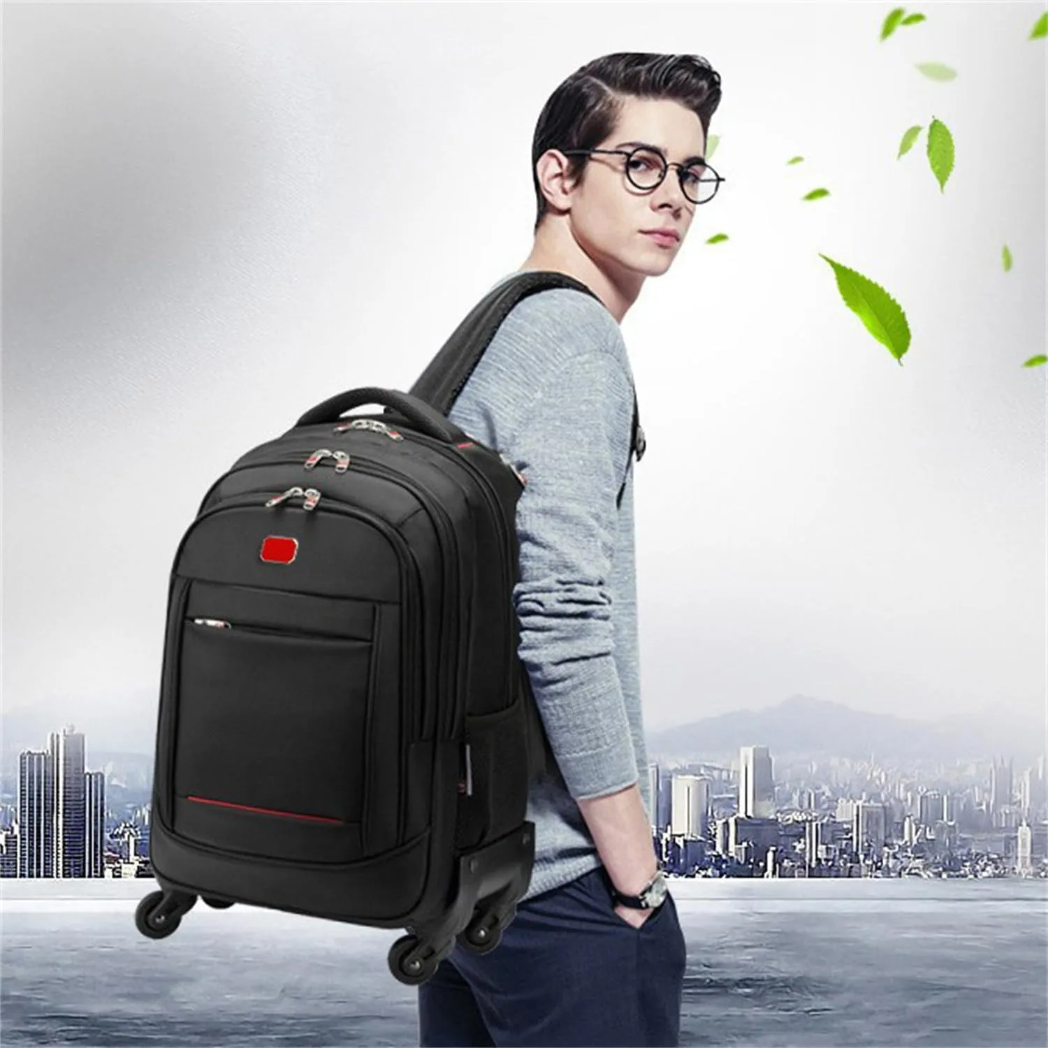 22in Rolling Backpack with 360 Detachable Wheels for Men Women Airline Approved Carry on Large Size Laptop Travel Business Luggage Bag (Black,18in)
