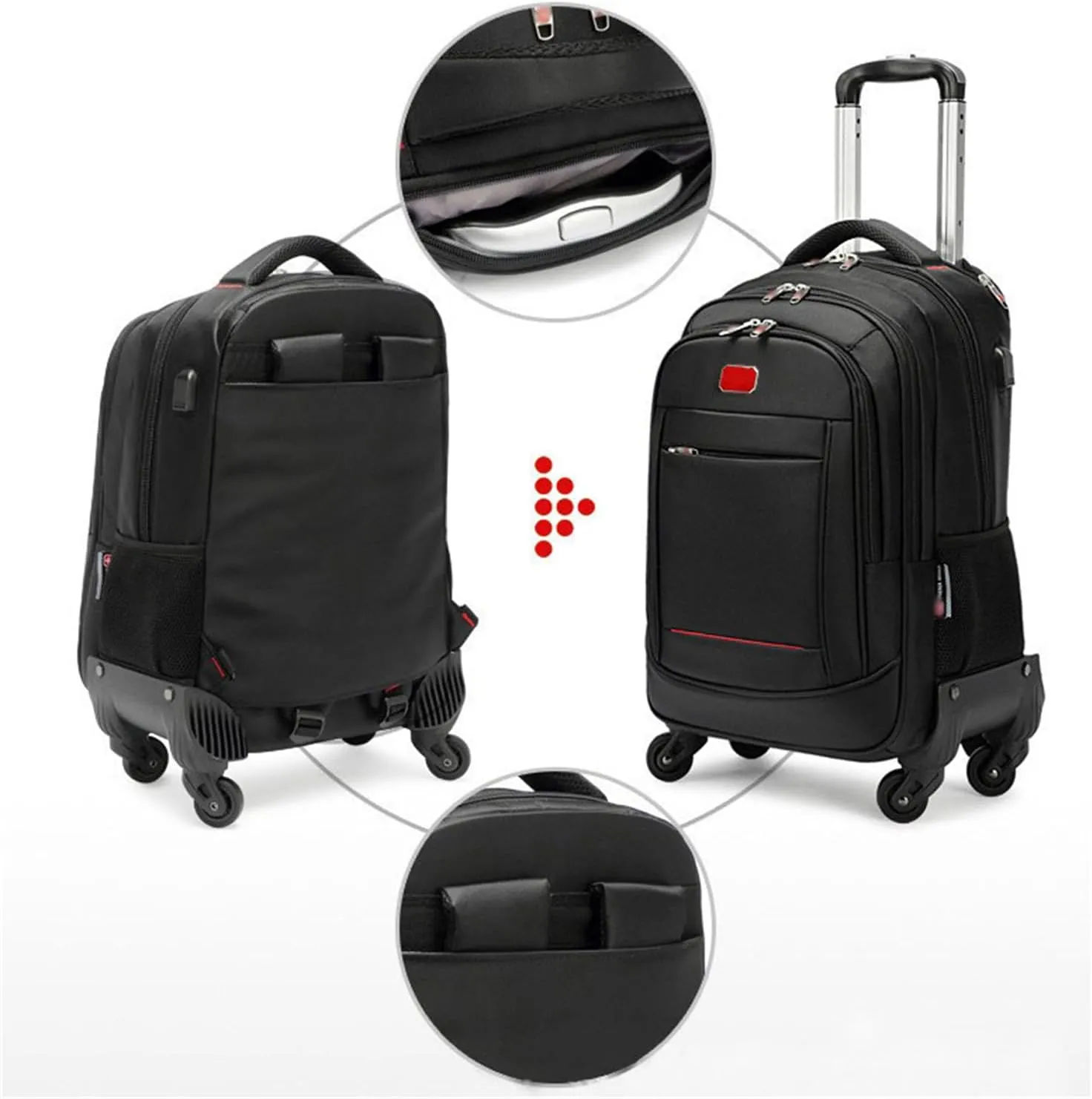 22in Rolling Backpack with 360 Detachable Wheels for Men Women Airline Approved Carry on Large Size Laptop Travel Business Luggage Bag (Black,18in)