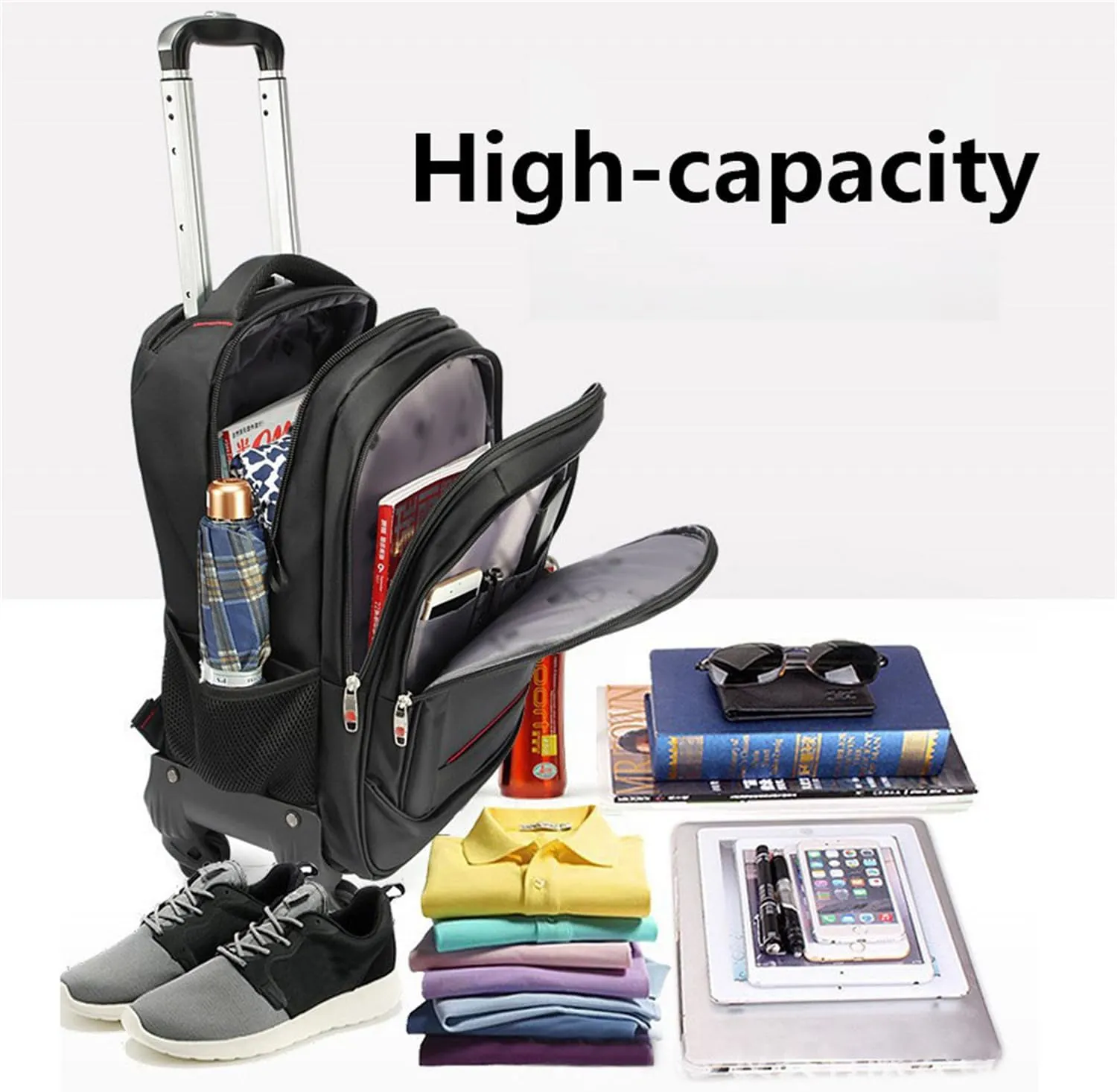 22in Rolling Backpack with 360 Detachable Wheels for Men Women Airline Approved Carry on Large Size Laptop Travel Business Luggage Bag (Black,18in)