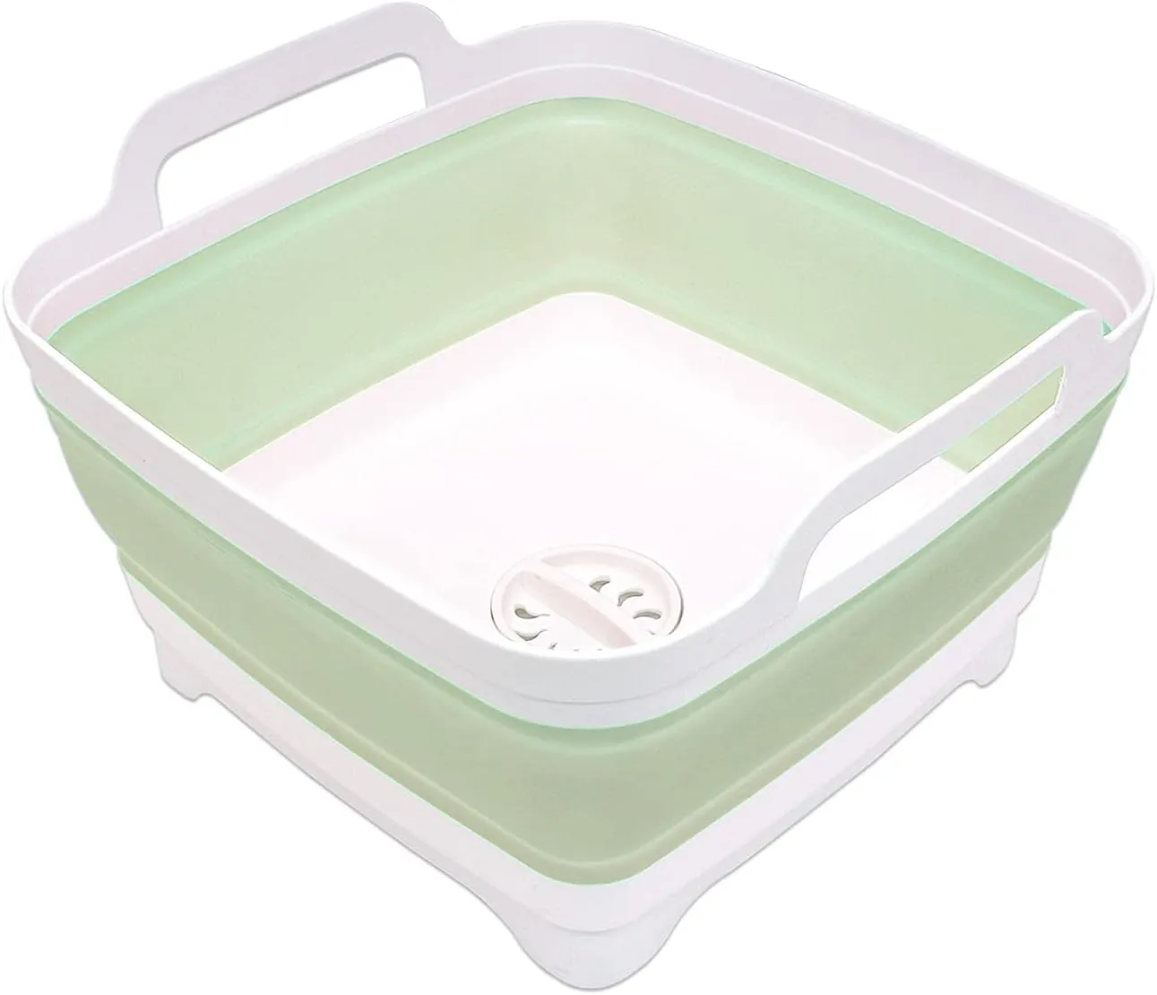 2.4 Gal(9L) Collapsible Dish Basin with Drain Plug, Space Saving Outdoor Multiuse Foldable Sink Tub, Dishpan, Kitchen Storage Tray for Camping, Vegetable Washing, RV (Green)