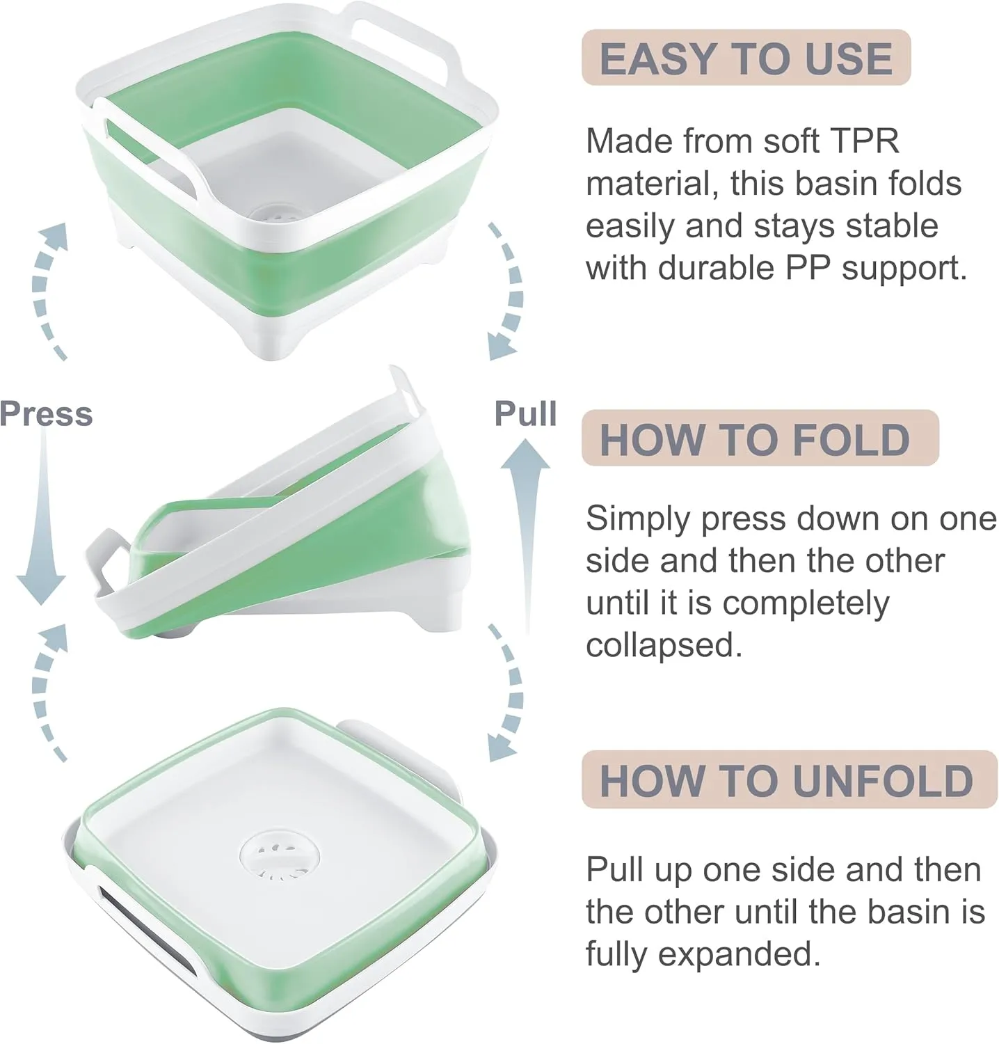 2.4 Gal(9L) Collapsible Dish Basin with Drain Plug, Space Saving Outdoor Multiuse Foldable Sink Tub, Dishpan, Kitchen Storage Tray for Camping, Vegetable Washing, RV (Green)