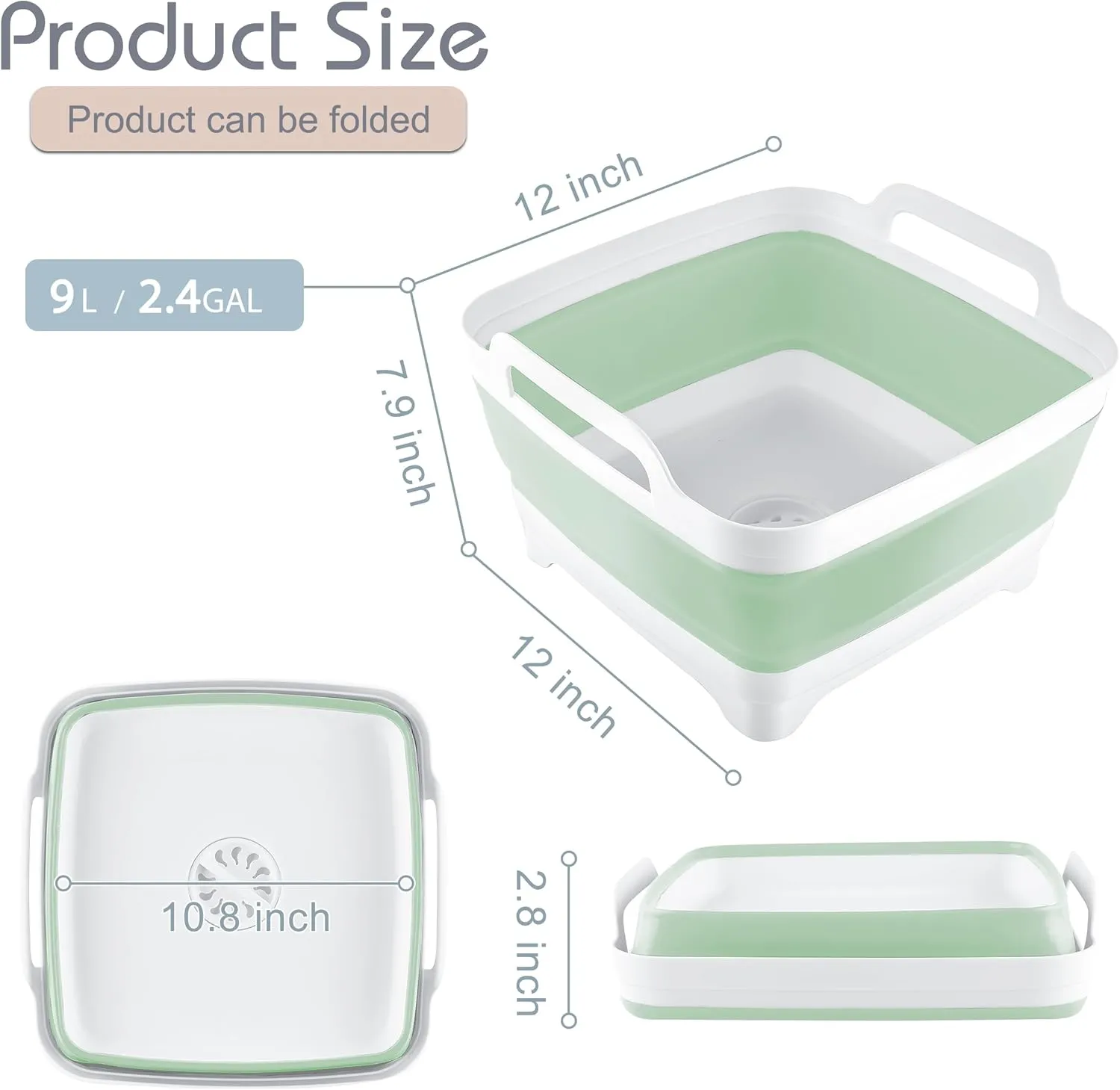 2.4 Gal(9L) Collapsible Dish Basin with Drain Plug, Space Saving Outdoor Multiuse Foldable Sink Tub, Dishpan, Kitchen Storage Tray for Camping, Vegetable Washing, RV (Green)