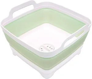 2.4 Gal(9L) Collapsible Dish Basin with Drain Plug, Space Saving Outdoor Multiuse Foldable Sink Tub, Dishpan, Kitchen Storage Tray for Camping, Vegetable Washing, RV (Green)