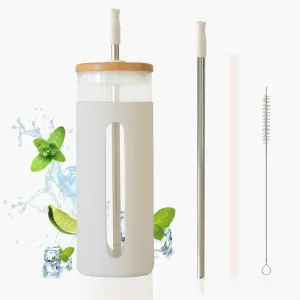 24 Oz Reusable Boba Cup with Bamboo Lid | 2 Straw With Silicon Tip and Cleaning Brush | Smoothie cup glass tumbler with straw and lid bamboo | Glass Boba Cup with Sleeve (White)
