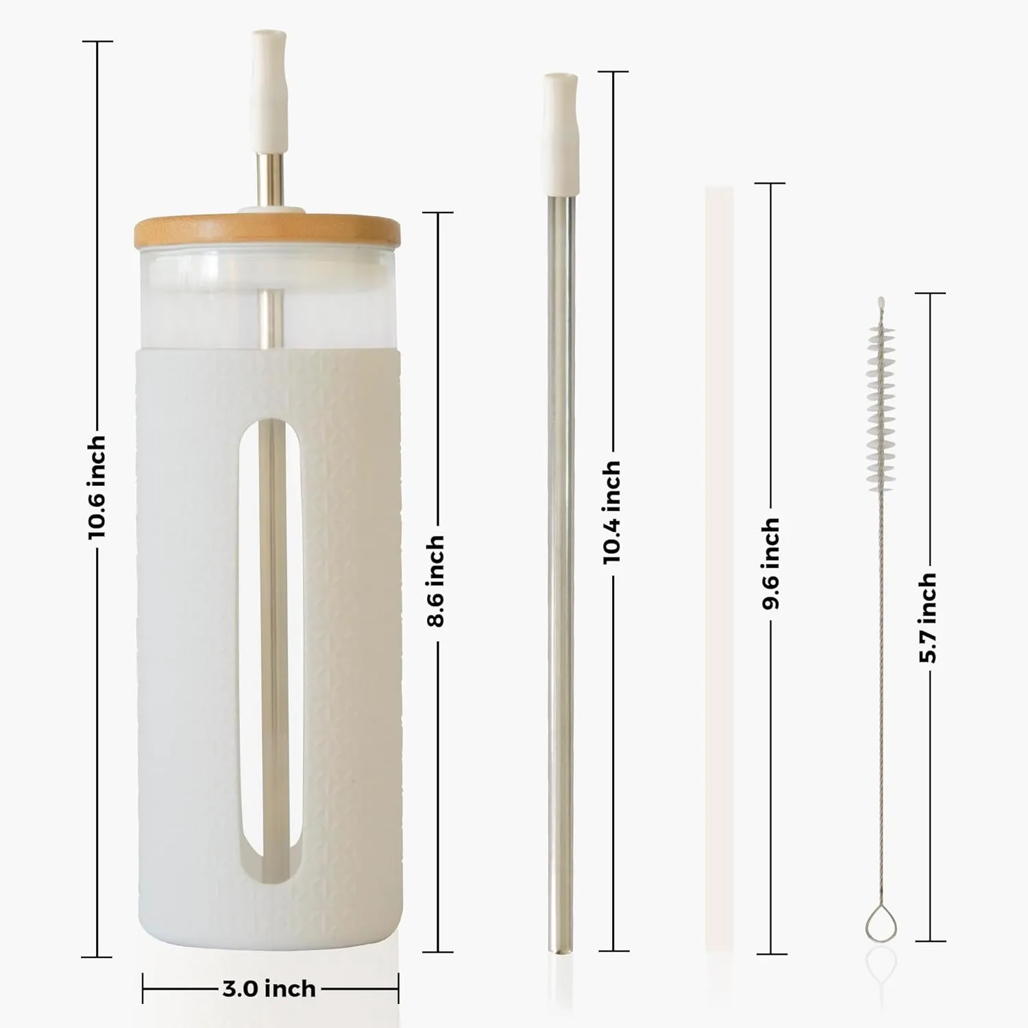 24 Oz Reusable Boba Cup with Bamboo Lid | 2 Straw With Silicon Tip and Cleaning Brush | Smoothie cup glass tumbler with straw and lid bamboo | Glass Boba Cup with Sleeve (White)