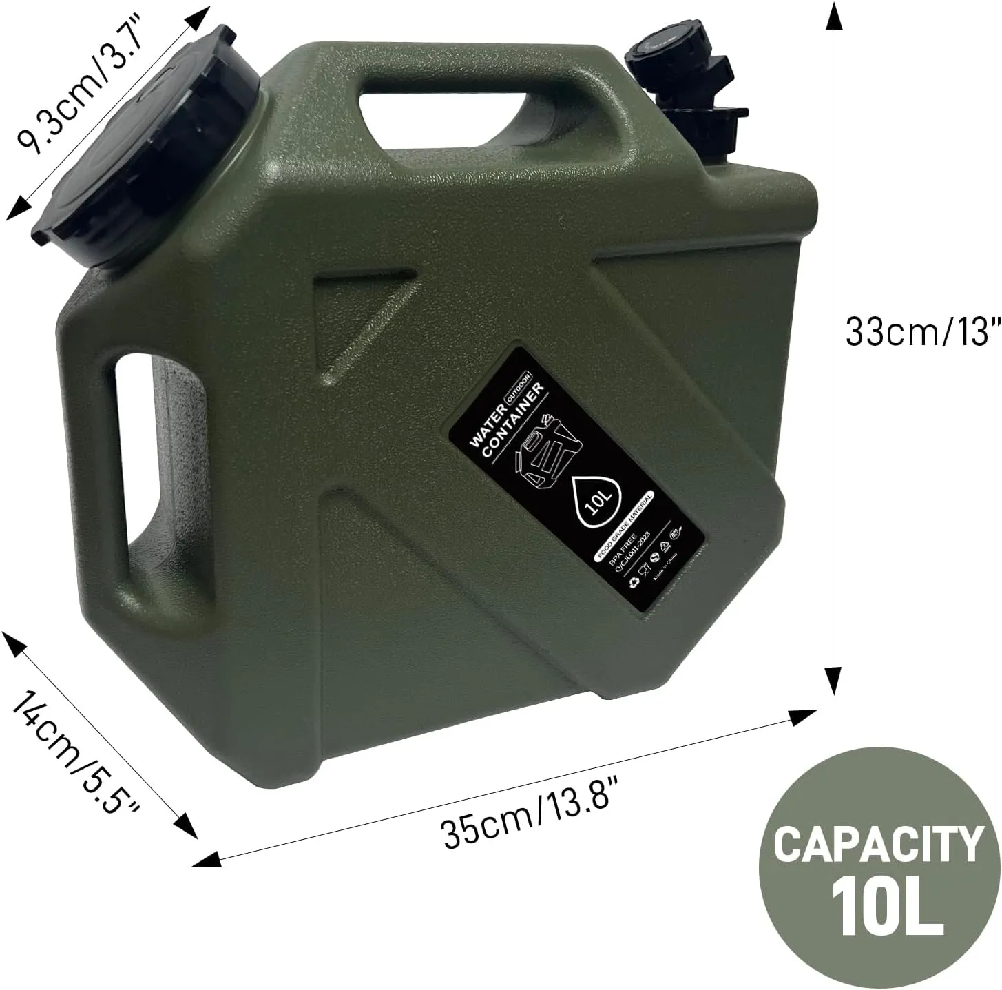 2.6 Gallon Camping Water Container with Spigot, Portable Water Jug BPA Free Water Tank, Military Green Emergency Water Storage Can for Outdoor Hiking Camping Picnic RV (10L)