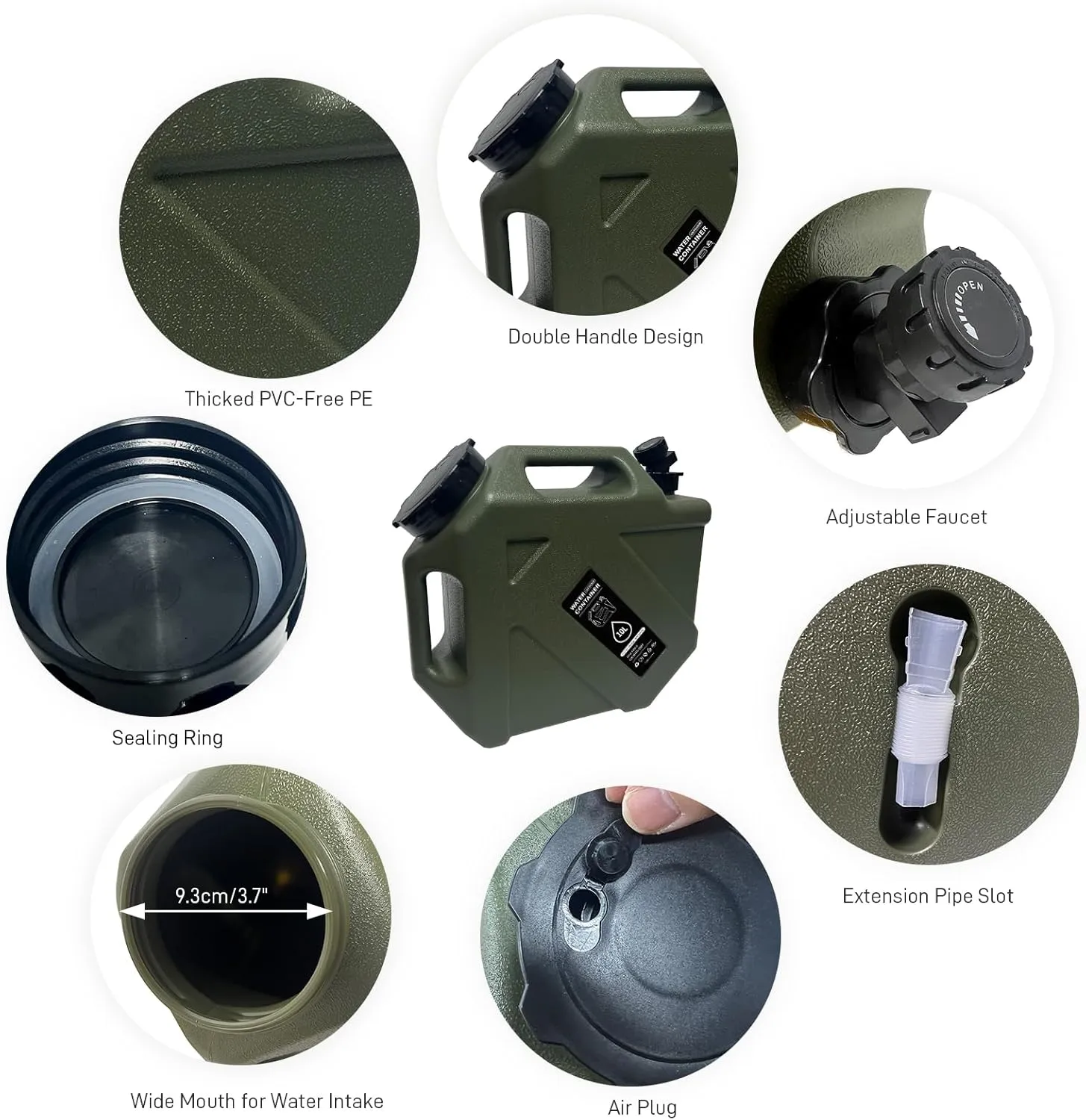 2.6 Gallon Camping Water Container with Spigot, Portable Water Jug BPA Free Water Tank, Military Green Emergency Water Storage Can for Outdoor Hiking Camping Picnic RV (10L)