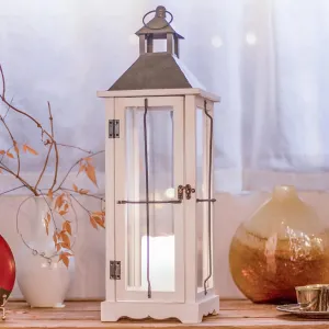 26in Farmhouse White IP65 Waterproof Wood Metal Decorative Lanterns with Remote Control, Timer, Tempered Glass, Flameless Pillar Candles, Decorative Lanterns for Home Decor, Front Porch, Wedding