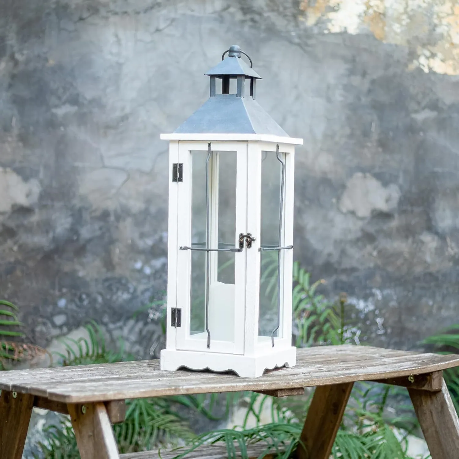 26in Farmhouse White IP65 Waterproof Wood Metal Decorative Lanterns with Remote Control, Timer, Tempered Glass, Flameless Pillar Candles, Decorative Lanterns for Home Decor, Front Porch, Wedding