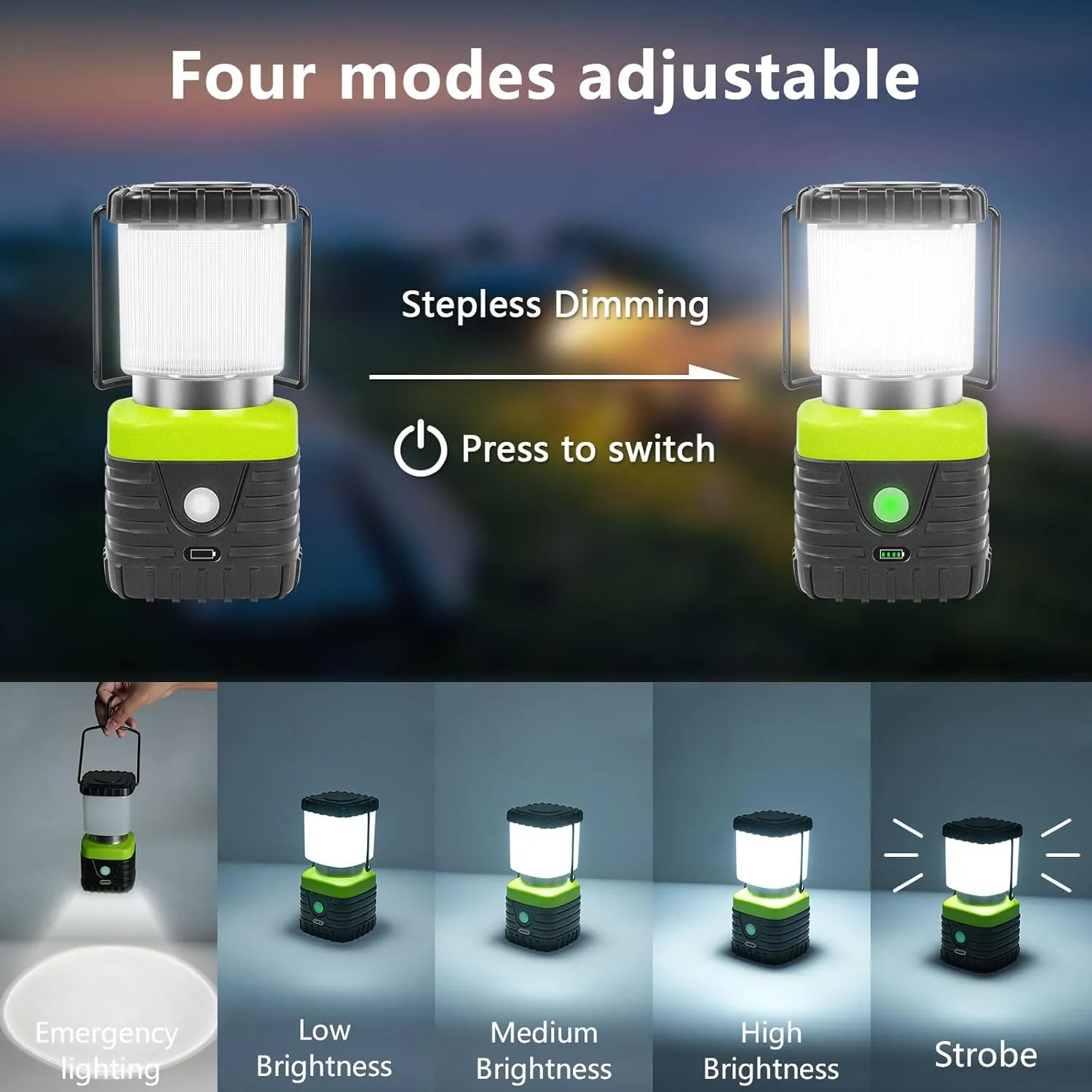 2PCS 6500K White Light LED Camping Lantern Rechargeable 1000LM, 4500mAh Power Bank, Flashlight for Hurricane Emergency, Hiking, IP44 Waterproof Lantern(Black)