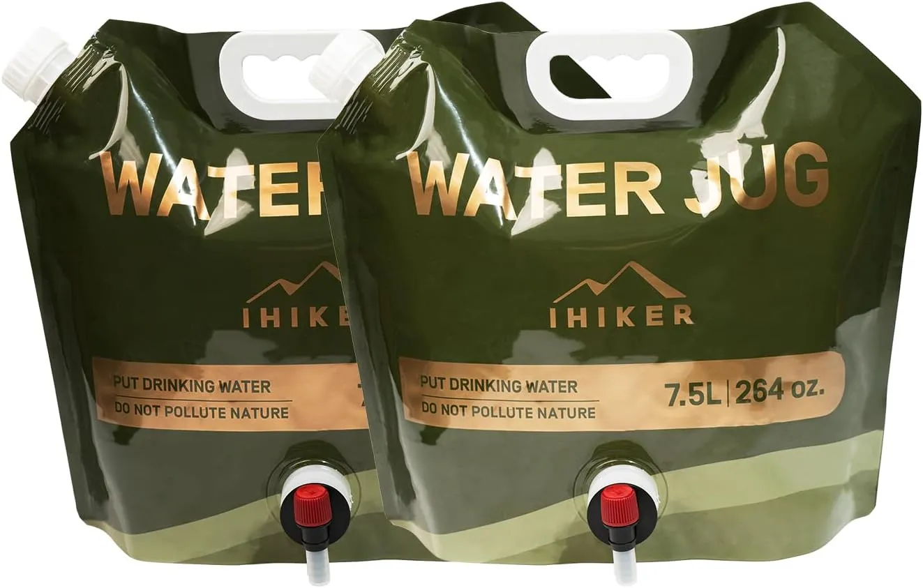 2pcs Collapsible Emergency Water Jug, Reusable Foldable Drinking Water Container, Thickened BPA Free Plastic Water Storage Bag for Camping Hiking Traveling, 1.98 Gallon Food Grade Water Canteen