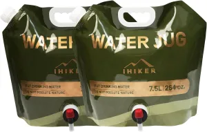 2pcs Collapsible Emergency Water Jug, Reusable Foldable Drinking Water Container, Thickened BPA Free Plastic Water Storage Bag for Camping Hiking Traveling, 1.98 Gallon Food Grade Water Canteen