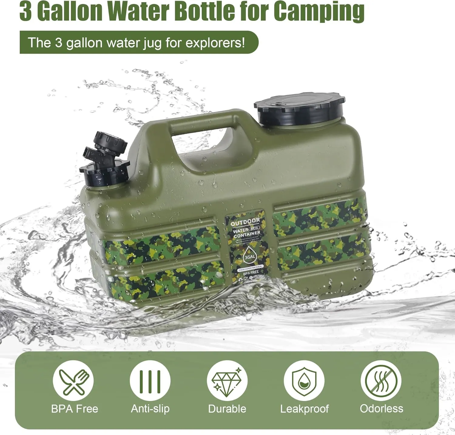 3 Gallon/5 Gallon Water Jug with Spigot, Portable Water Tank BPA Free, Leak-Proof Water Containers for Camping Water Storage Containers for Emergency Outdoor Hiking Picnic, Green/Yellow/White