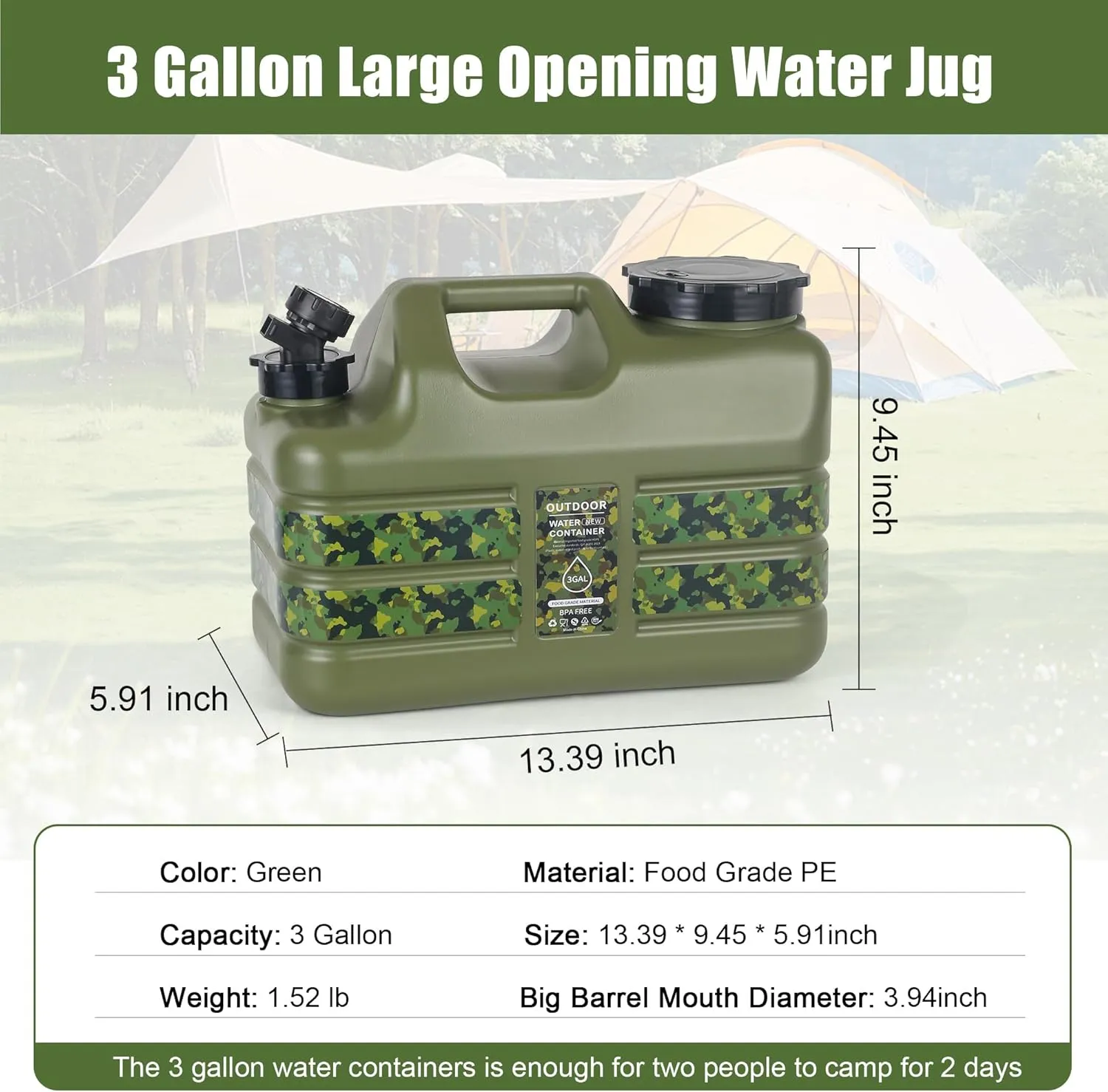 3 Gallon/5 Gallon Water Jug with Spigot, Portable Water Tank BPA Free, Leak-Proof Water Containers for Camping Water Storage Containers for Emergency Outdoor Hiking Picnic, Green/Yellow/White