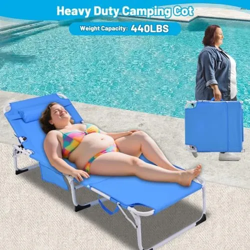 3-in-1 Heavy Duty Tanning Chair with Face Hole Adjustable 5-Position Folding Chaise Lounge Chairs Portable Lay Flat Beach Lounge Chair for Outdoor Sunbathing Patio Pool Lawn Camping Deck (Blue)