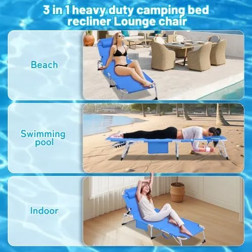 3-in-1 Heavy Duty Tanning Chair with Face Hole Adjustable 5-Position Folding Chaise Lounge Chairs Portable Lay Flat Beach Lounge Chair for Outdoor Sunbathing Patio Pool Lawn Camping Deck (Blue)