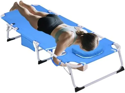 3-in-1 Heavy Duty Tanning Chair with Face Hole Adjustable 5-Position Folding Chaise Lounge Chairs Portable Lay Flat Beach Lounge Chair for Outdoor Sunbathing Patio Pool Lawn Camping Deck (Blue)
