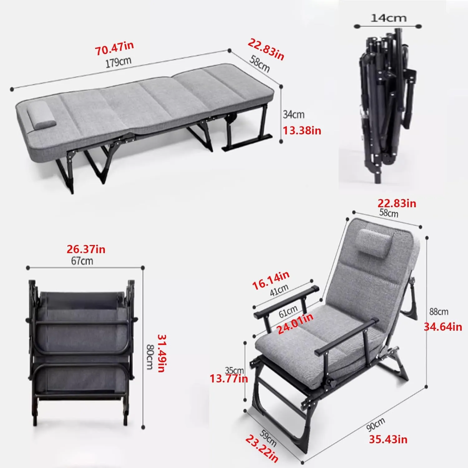 3 in 1 Multi-Functional Folding Sofa Bed, 6-Position Adjustable Recliner Chaise Lounge with Removable PP Cotton Mattress for Office Nap Or Home Balcony(Gray)