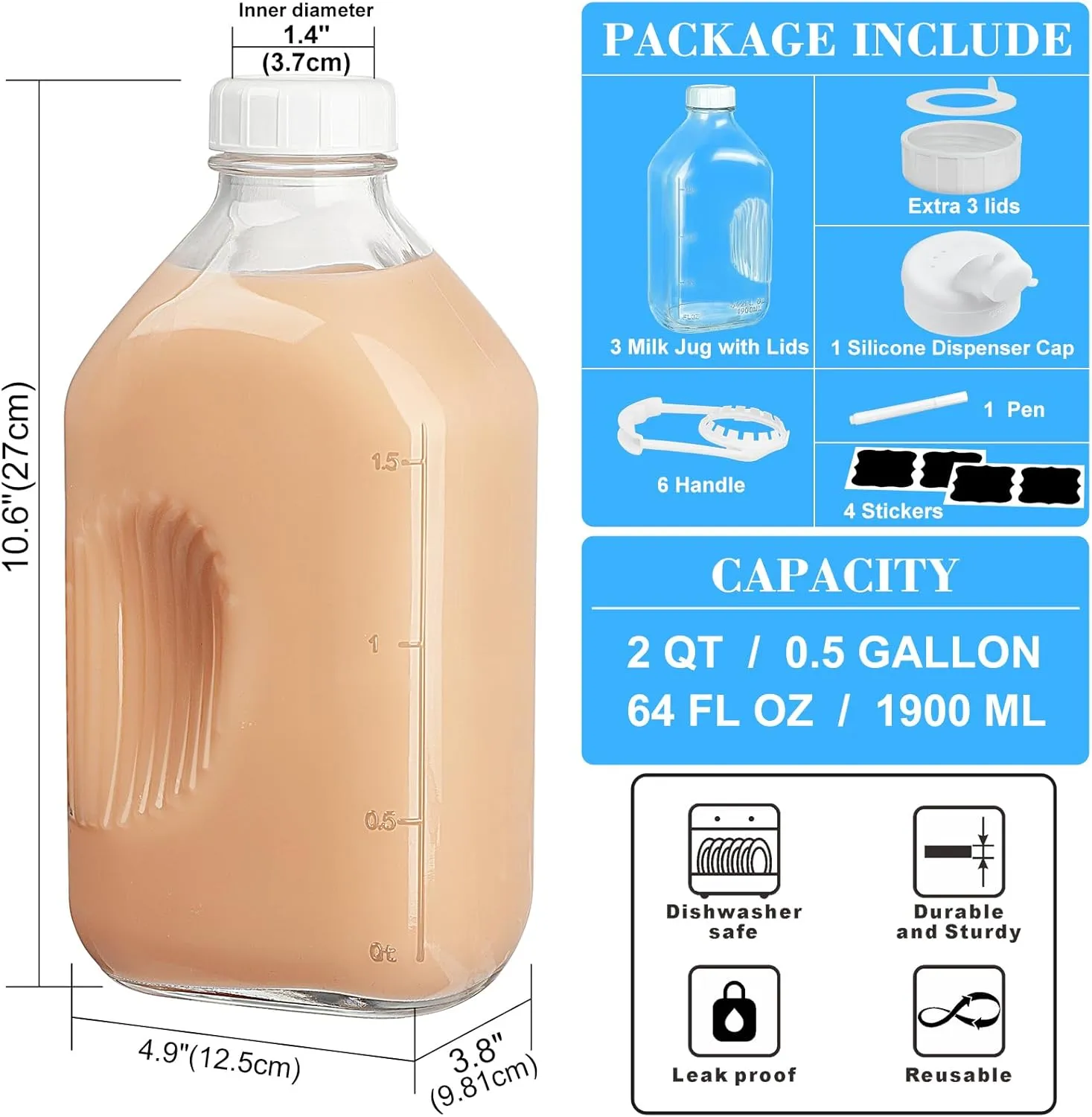 3 Pack 2 Qt Glass Water Bottles with Handle and Airtight Reusable SCREW LID - 64 Oz Juice Jugs, 1/2 Gallon Glass Milk Container for Fridge, Breast Milk Jug Pitcher with Scales, Extra Lids & Handles