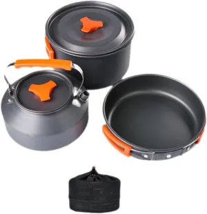 3 Piece Cooking Set for Camping with Carry Bag for 2-3 People, Includes Pot, Frying Pan, Kettle