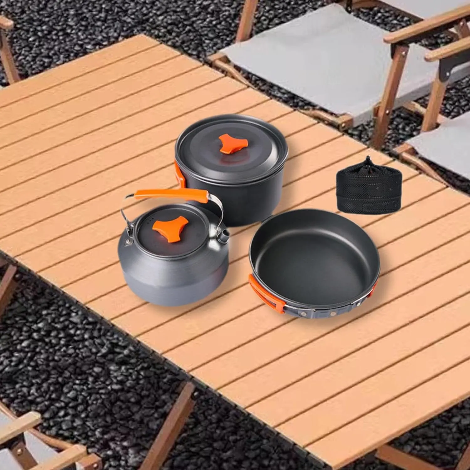 3 Piece Cooking Set for Camping with Carry Bag for 2-3 People, Includes Pot, Frying Pan, Kettle