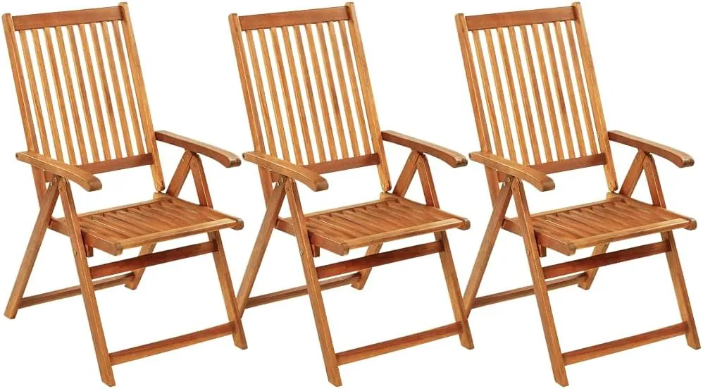 3-Piece Folding Patio Chairs with Red Cushions Solid Acacia Wood Outdoor Furniture Set 5 Reclining Positions Foldable Lounge Chairs for Garden Beach Camping