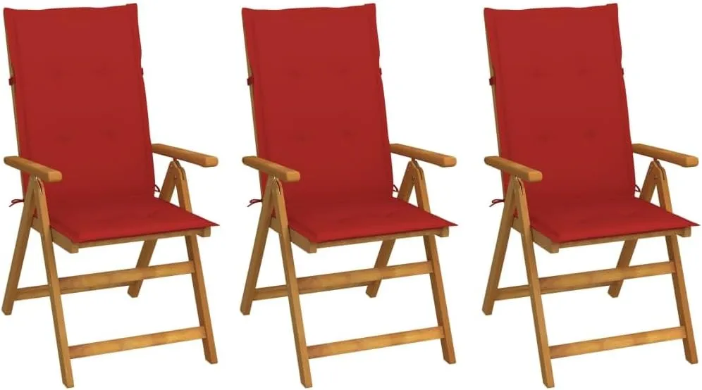 3-Piece Folding Patio Chairs with Red Cushions Solid Acacia Wood Outdoor Furniture Set 5 Reclining Positions Foldable Lounge Chairs for Garden Beach Camping