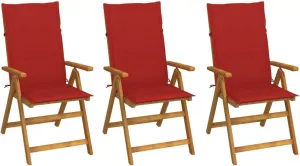 3-Piece Folding Patio Chairs with Red Cushions Solid Acacia Wood Outdoor Furniture Set 5 Reclining Positions Foldable Lounge Chairs for Garden Beach Camping
