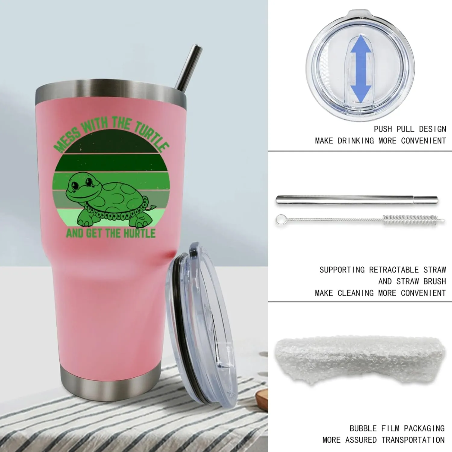 30 oz Tumbler Mess With The Turtle You Get The Hurtle Tumbler Pink Tumbler with Lid and Straw Insulated Tumblers Stainless Steel Tumbler